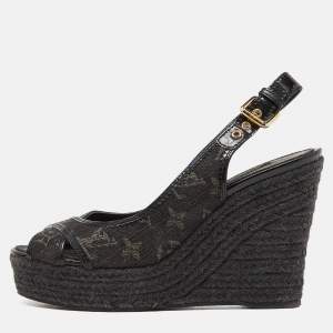Louis Vuitton Black Patent and Demin Bastille Wedge Sandals Size 39.5