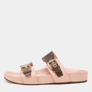 Louis Vuitton Pink/Brown Monogram Canvas and Leather Bom Dia Flat Slides Size 38