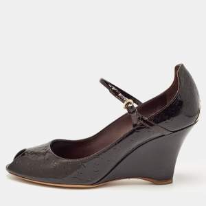 Pre Owned Louis Vuitton Plum Monogram Patent Leather Peep Toe Wedge Pumps Size 36.5