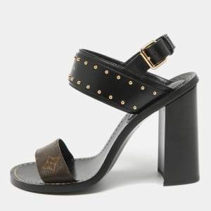Louis Vuitton Black/Brown Monogram Canvas and Leather Nomad Ankle Strap Sandals Size 38.5