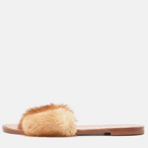 Louis Vuitton Brown Fur Lock It Flat Slides Size 38 