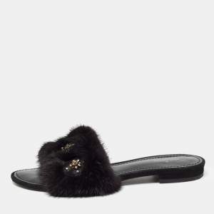 Louis Vuitton Black Fur Crystal Embellished Slide Flats  Size 38.5