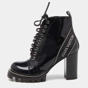 Pre Owned Louis Vuitton Black Leather Star Trail Block Heel Ankle Boots Size 39.5
