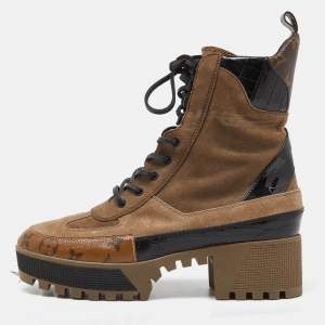Pre Owned Louis Vuitton Brown/Black Suede and Monogram Canvas Laureate Combat Boots Size 40