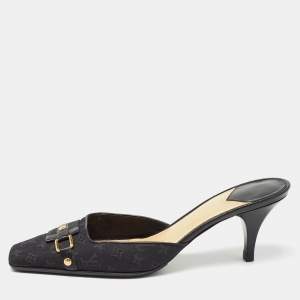 Louis Vuitton Black Monogram Canvas and Leather Slide Mules Size 38.5