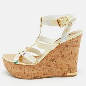 Louis Vuitton White Monogram Canvas and Patent Leather trappy Cork Wedge Platform Sandals Size 39