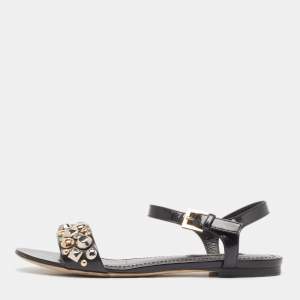 Louis Vuitton Black Leather Studded Ankle Strap Flat Sandals Size 36.5