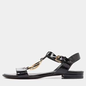 Louis Vuitton Black Patent Leather Carioca Logo Detail Flat Sandals Size 37