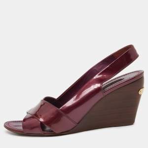Louis Vuitton Burgundy Patent Leather Wedge Slingback Sandals Size 40