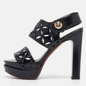 Louis Vuitton Black Leather Laser Cut Platform Slingback Sandals Size 37.5