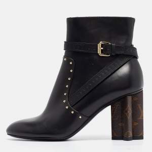 Louis Vuitton Black/Brown Leather and Monogram Canvas Studded Ankle Booties Size 37