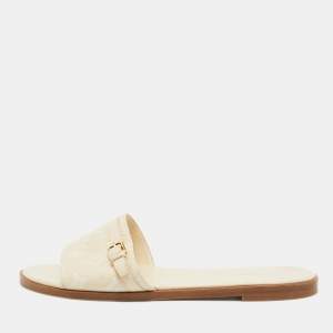 Louis Vuitton Cream Monogram Embossed Leather Flat Slides Size 40
