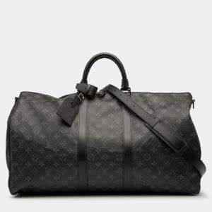 Pre Owned Louis Vuitton Black Monogram Eclipse Keepall Bandouliere 55