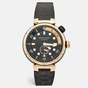 Louis Vuitton Black 18K Rose Gold Black PVD Coated Stainless Rubber Tambour Street Diver QA123 Men's Wristwatch 44 mm