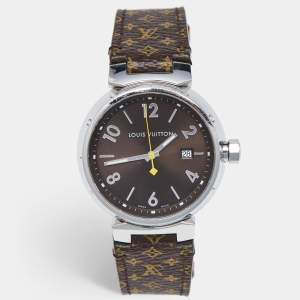 Louis Vuitton Brown Stainless Steel Leather Tambour Q1111 Women's Wristwatch 39 mm