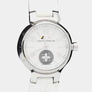 Pre Owned Louis Vuitton Tambour Q12M0 Quartz White Stainless Steel Women's Wristwatch 28 mm