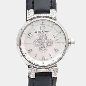 Pre Owned Louis Vuitton Tambour Forever Diamond Q121P Quartz Mother of Pearl Stainless Steel Womens Wristwatch 28 mm