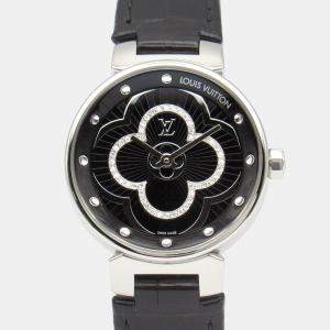 Pre Owned Louis Vuitton Tambour QA018Z Quartz Black Stainless Steel Women's Wristwatch 28 mm