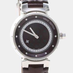 Pre Owned Louis Vuitton Tambour Q1319 Quartz Brown Diamonds Stainless Steel Women's Wristwatch 28mm
