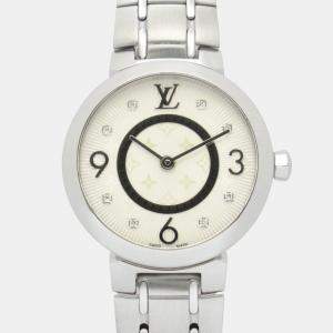 Pre Owned Louis Vuitton Tambour Q12MG Quartz Silver Stainless Steel Women's Wristwatch 28 mm