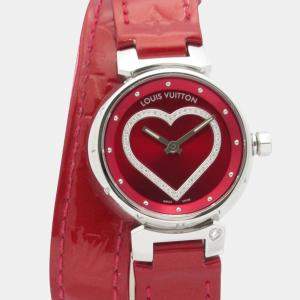 Pre Owned Louis Vuitton Tambour Q121Z Quartz Red Stainless Steel Women's Wristwatch 28 mm