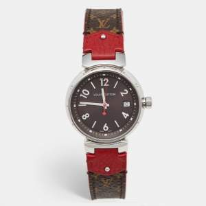مملوكة مسبقًا Louis Vuitton Tambour Q1329 Brown Dial Stainless Steel Leather Women's Wristwatch 34 mm