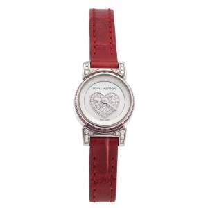 Louis Vuitton Mother Of Pearl Stainless Steel & Leather Diamonds Tambour Bijou Q151F Women's Wristwatch 18 mm
