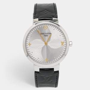 Louis Vuitton Silver Stainless Steel Patent Leather Tambour QA016 Women's Wristwatch 39 mm