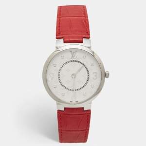 Louis Vuitton Silver Diamonds Stainless Steel Alligator Tambour Q1E01 Women's Wristwatch 39 mm