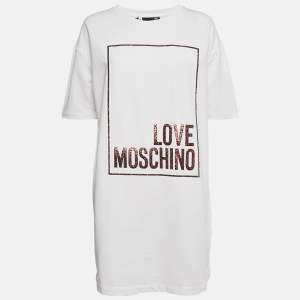 Love Moschino White Logo Embellished Cotton Knit Mini Dress M
