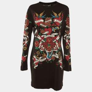 Love Moschino Brown Heart and Rose Print Jersey T-Shirt Dress L