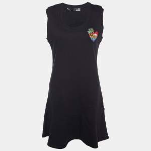 Love Moschino Black Cotton Knit Logo Applique Flute Hem Shift Dress M