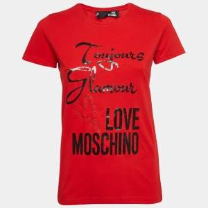 Love Moschino Red Printed Cotton Knit Crew Neck T-Shirt S