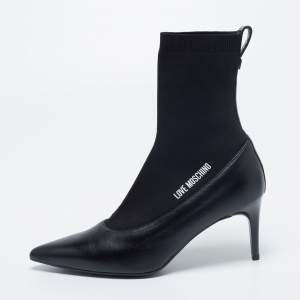 Love Moschino Black Leather And Knit Fabric Pointed Toe Classic Ankle Boots Size 38