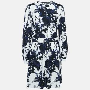 Love Moschino White Rose Print Textured Crepe Short Dress M