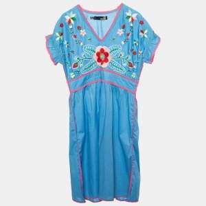 Love Moschino Blue Floral Embroidered Cotton V-Neck Dress M