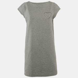 Love Moschino Grey Logo Embellished Cotton Knit Mini Dress M