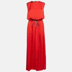Love Moschino Red Satin Silk Waist Tie-Up Sleeveless Maxi Dress M