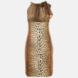 Love Moschino Brown Leopard Printed Cotton & Silk Halterneck Dress M