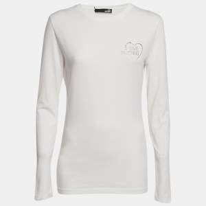Love Moschino White Logo Rhinestone Jersey Long Sleeve T-Shirt M