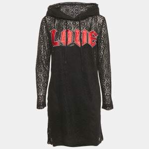 Pre Owned Love Mocshino Black Love Applique Mesh Hooded Dress M
