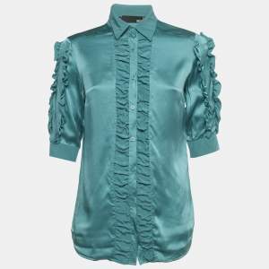 Pre Owned Love Moschino Blue Silk Ruffled Shirt S