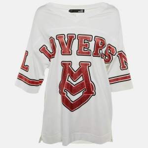 Pre Owned Love Moschino White Lovers Glitter Print Cotton Oversized T-Shirt S 