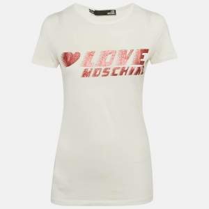 Pre Owned Love Moschino White Glitter Logo Printed Cotton Knit T-Shirt S
