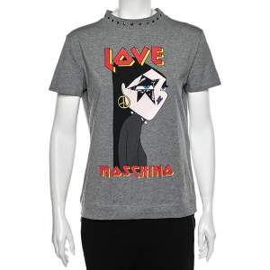 Love Moschino Grey Cotton Knit Logo Printed T-Shirt L