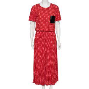 Love Moschino Red Polka Dotted Crepe & Leather Pocket Detailed Maxi Dress S 