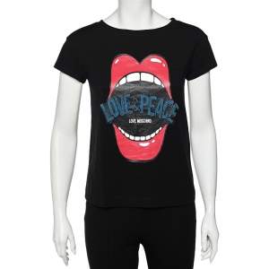Love Moschino Black Mouth Printed Love & Peace Embellished Cotton T-Shirt S