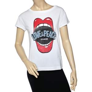 Love Moschino White Mouth Printed Love & Peace Embellished Cotton T-Shirt M