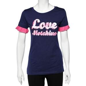 Love Moschino Navy Blue Logo Printed Cotton Ruffle Sleeve T-Shirt M