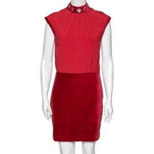 Love Moschino Red Chiffon & velvet Paneled Embellished Detail Sleeveless Sheath Dress M